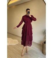 Neşeli butik kadın kat kat volanlı kuşaklı midi şifon elbise NM004 (Bordo)