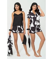 6'lı Desenli Siyah Beyaz Saten Pijama Şort Takım