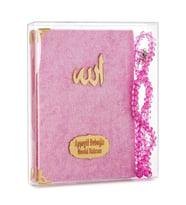 10 Adet Kadife Kaplı Yasin Kitabı - Çanta Boy - İsim Baskılı Plaka - Tesbihli - Şeffaf Kutulu - Pembe - Hediyelik Yasin Seti