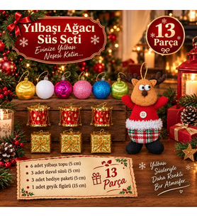 Yeni Yıla Özel 13 Parça Yılbaşı Ağacı Süsü Geyik Figürlü Noel Peluş ve Yılbaşı Aksesuar Süsleme Seti