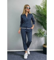Kadın Uzun Kollu önden Fermuarlı Desenli Iki Iplik Bluz Ve Pantolon Ikili Takım