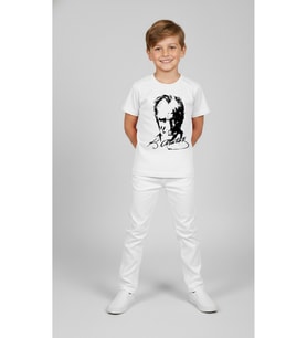 Erkek Çocuk ATATÜRK Baskılı T-Shirt Ve Beyaz Keten Pantolon Takım 23Nisan Ve özel Günler