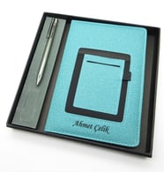 Signator® Codex  N127 Kişiye Özel Defterli Set - İsme Özel Gümüş Kalem + İsme Özel Turkuaz Defter  İsme Özel Kutusunda Hediyelik Set (Karışık)