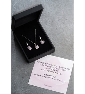 925 Ayar Gümüş Lotus Kolye Küpe Pembe  Set