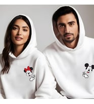 Sevgililer Günü Kombin Erkek Kadın Mickey Mause Görselli Kapüşonlu Hoodie Sweatshirt 7007 (Beyaz)