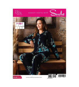 Sude Kadın Gömlek Önden Düğmeli Polar Desenli Pijama Takımı P200/1- 1 Adet (Lacivert)