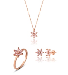 925 ayar Gümüş Pembe taşlı Nilüfer Çiçeği takım & seti (Rose)