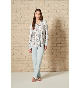 Kadın Önden Düğmeli Üst Kısmı Çiçek Desenli Uzun Kollu Pijama Takımı (Renksiz)