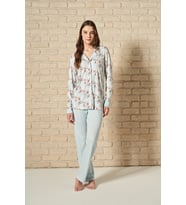 Kadın Önden Düğmeli Üst Kısmı Çiçek Desenli Uzun Kollu Pijama Takımı (Renksiz)
