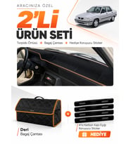 RENAULT 9 BROADWAY (1985-2000) Uyumlu Torpido Örtüsü + Deri Bagaj Çantası + Sticker Seti - Siyah Kahverengi