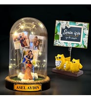 Kişiye Özel Işıklı Fanus & Baykuşlar  Şans Melekli İsimli ve 3 Fotoğraflı Fanus
