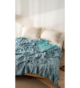 Boho Çizgili Yatak Örtüsü 4 Katlı Müslin%100 Pamuk Yumuşak Lüks Yazlık Pike Çift Kişilik Battal Boy 240x260 cm (Mavi)