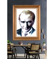 Altın Varaklı Çerçeveli Paspartulu Atatürk Tablo nh335 (Gold)
