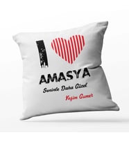 Kişiye Özel Amasya Seninle Daha Güzel Tema Kare Saten Yastık (Beyaz)
