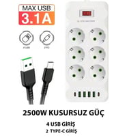 6Lı Priz Çoklu Priz  USB Li Priz USB Priz  USB Uzatma Kablosu  3 Lü Priz USB Li 2 Type C 4 Usb (Beyaz)