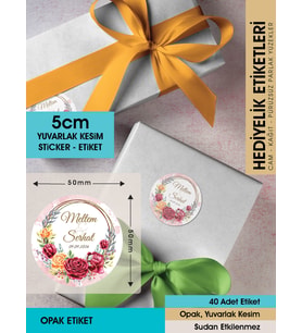 Kırmızı Gül Düğün Etiket Modeli Ürünlerinize Öze 5cm - 40 Adet Opak Sticker