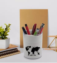 BK Gift Kişiye Özel Dünya Haritası Tasarımlı Beyaz Akrilik Kalemlik - Model 10