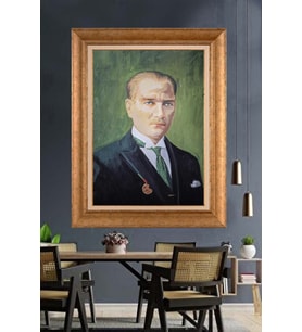 Altın Varaklı Çerçeveli Paspartulu Atatürk Tablo nh292 (Gold)