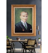 Altın Varaklı Çerçeveli Paspartulu Atatürk Tablo nh292 (Gold)