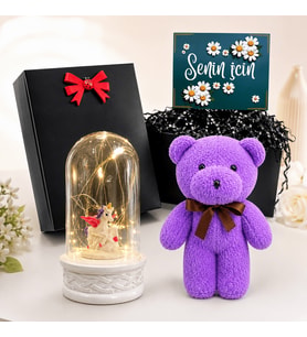 Siyah Hediye Kutusunda Unicorn Biblolu LED Işıklı Fanus ve Mor Peluş Ayıcık Hediye Seti