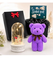 Siyah Hediye Kutusunda Unicorn Biblolu LED Işıklı Fanus ve Mor Peluş Ayıcık Hediye Seti