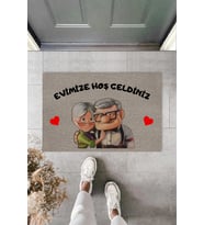 Evimize Hoş Geldiniz Yazılı Sevimli Çift Figürlü Gri Kapı Paspası 40 x 60 cm
