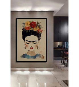 Çerçeve Görünümlü Dekoratif Ahşap Kare Frida Kahlo Çiçeklerle Tablosu Ev/Ofis/İşyeri Tablo