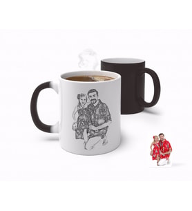 BK Gift Kişiye Özel Tam Boy Karakalem Baba ve Kız Karikatürlü Sihirli Kupa Bardak-1 (Beyaz)