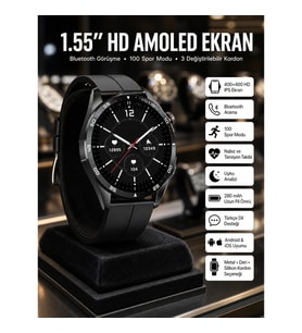 Mey İthalat® Amoled Ekran 3 Kordonlu Akıllı Saat 5.0 Bluetooth Bağlantılı Android ve İOS Uyumlu