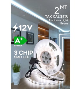 Şerit Led 2 Metre Beyaz Işık 3 Çipli Pro Ambiyans Aydınlatma Mutfak Salon Yatak Odası lambader