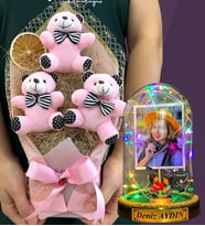 Size Özel Renkli Led Işıklı Fanus ve Büyük Boy Pembe Ayıcık Buketi Hediye Seti (Model 6)