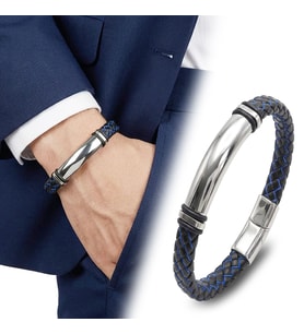 💎 Premium İsim Yazılabilir Mavi Siyah Deri Ve Beyaz Titanyum Kilit Bileklik 31833B15D6 - 20 cm