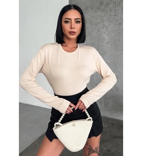 Rahat Ve Şık Uzun Kollu Bisiklet Yaka Likralı Viskon Penye Body Bej