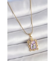 316L Çelik Gold Renk Zincir Mor Mineli Çiçek İşlemeli Zirkon Taşlı Kelebek De - HPSBYI9992-3