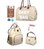 Stylo Baby Bag Bebek Bakım Kadın Omuz Çantası + Popi Anne Kadın Sırt Çantası Termos Çanta Hediye (Bej)