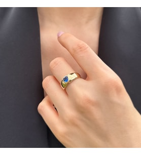 14k Altın Mavi Taşlı Kalpli Yüzük