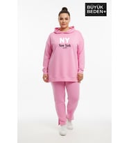 Büyük Beden Kapşonlu NY Newyork Baskılı Tunik ince Sweatshırt SPR26BTK991-1