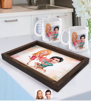 BK Gift Kişiye Özel Sevgililer Karikatürlü Doğal Ahşap Tepsi ve 2’li Kupa Bardak Seti-19