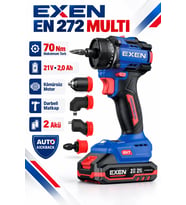 EXEN EN 272 MULTİ 21V Kömürsüz Darbeli Akülü Matkap Vidalama – 70 Nm, 4’lü Multi Başlık Seti, 2 Akül