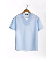 Erkek Açık Mavi Açık V Yaka Oversize Rahat Kalıp Kısa Kollu Çizgili Gömlek 22Y-4300634