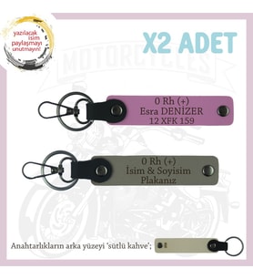 Motorcu Yolculara Özel, İsim Plaka ve 0 Rh (+) Kan Grubu Yazılı x2 Anahtarlık, Kül Gri-Pembe-SK (Çok Renkli)