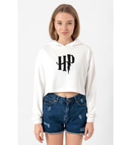 HP Logo Ekru Kadın Crop Kapşonlu