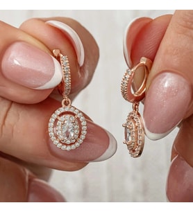 Gümüş Rose Oval Taşlı Sallantılı Küpe