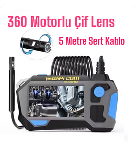360 Motorlu Ekranlı Çift Lensli 5 Metre Yılan Kamera (Çok Renkli-Sıyah)