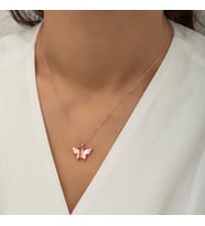 Gümüş Rose Pembe Kaplangözü Taşlı Kelebek Kolye