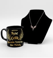 Anneler Gününe Özel  Baskılı Siyah Kupa Bardak & Mikail Kolye Hediye Seti (Model 2)