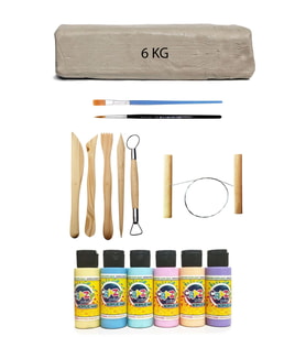 Beyaz Seramik Hamuru 6 kg Kil Ebeşuar Seti 6x 60 cc Pastel Akrilik Set Çamur Kesme Teli Kil Seti