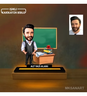 Kişiye Özel Erkek Sınıf Öğretmeni Karikatürlü 14 cm MDF Işıklı Biblo - Öğretmen Hediyesi Öğretmene Özel Hediye 2. Model