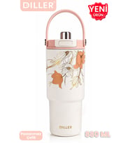 DILLER Tumbler 880 ML Tek Kapak Çift Kullanım Pipetli/Pipetsiz Taşıma Kulplu Çelik Termos-FFD9505-880ml