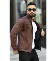 Premium Örme Triko Kol Dik Yaka Süet Ceket (Kahverengi)